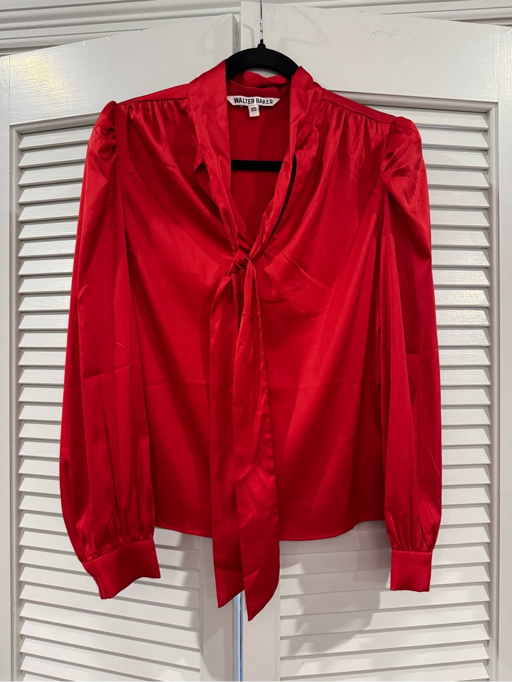 Walter Baker Vibrant Red Satin Tie-Neck Blouse